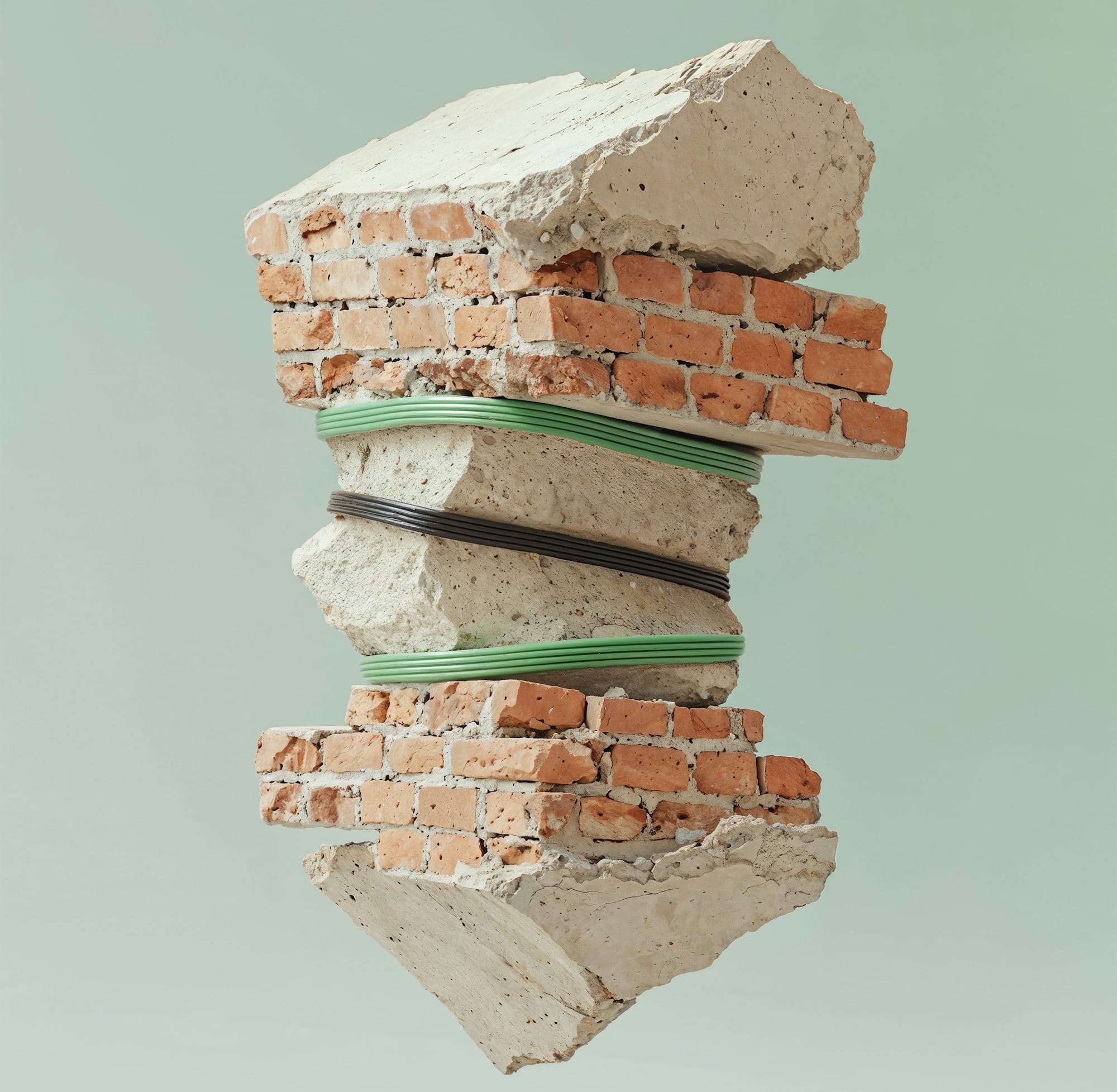 Bricks and concrete held together with bands.